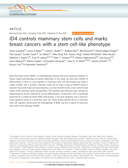 ID4 Controls Mammary Stem Cells and Marks Breast Cancers with a Stem Cell-Like Phenotype