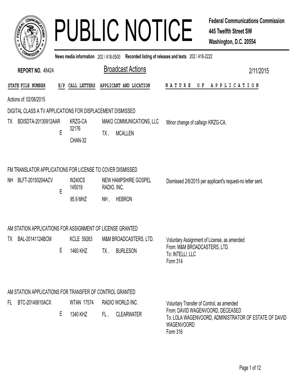 Broadcast Actions 2/11/2015