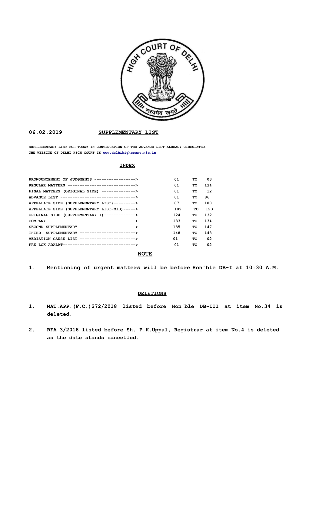 06.02.2019 SUPPLEMENTARY LIST 1. Mentioning of Urgent Matters Will