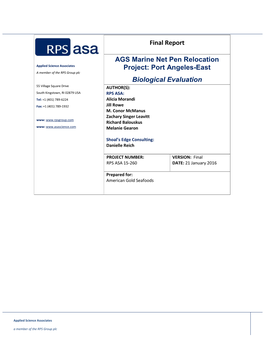 AGS Marine Net Pen Relocation Project: Port Angeles-East- Biological Evaluation | 15-260 | American Gold Seafoods | USA