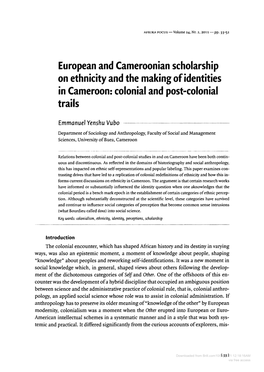 European and Cameroonian Scholarship on Ethnicity and the Making of Identities in Cameroon: Colonial and Post-Colonial Trails