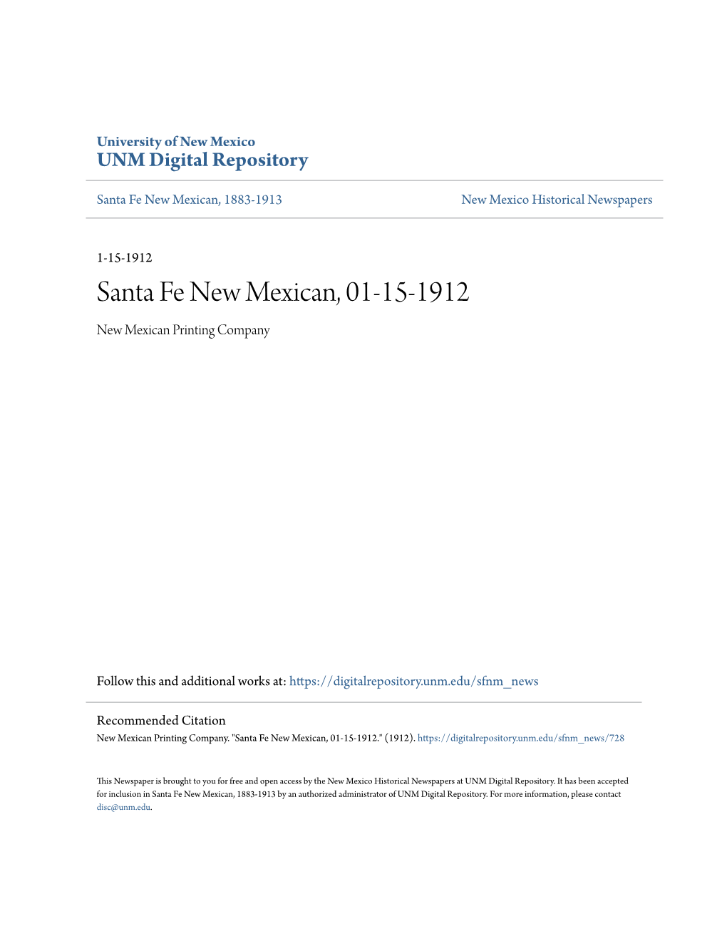 Santa Fe New Mexican, 01-15-1912 New Mexican Printing Company