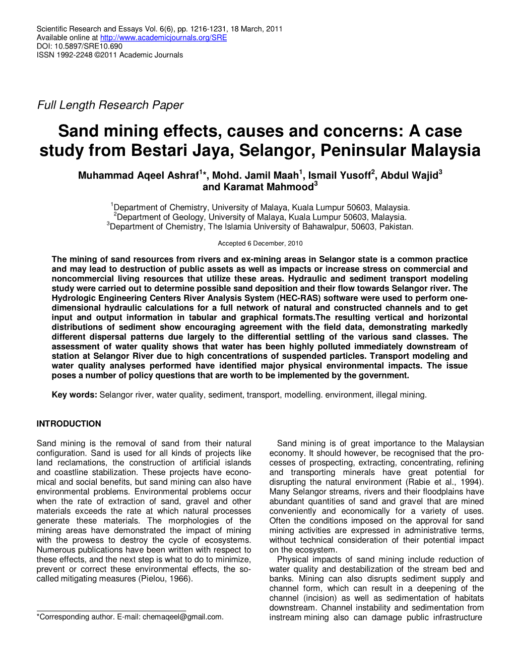 Sand Mining Effects, Causes and Concerns: a Case Study from Bestari Jaya, Selangor, Peninsular Malaysia