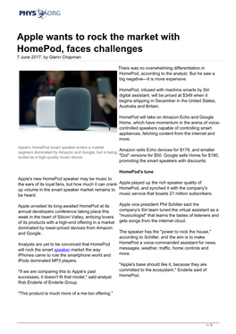 Apple Wants to Rock the Market with Homepod, Faces Challenges 7 June 2017, by Glenn Chapman