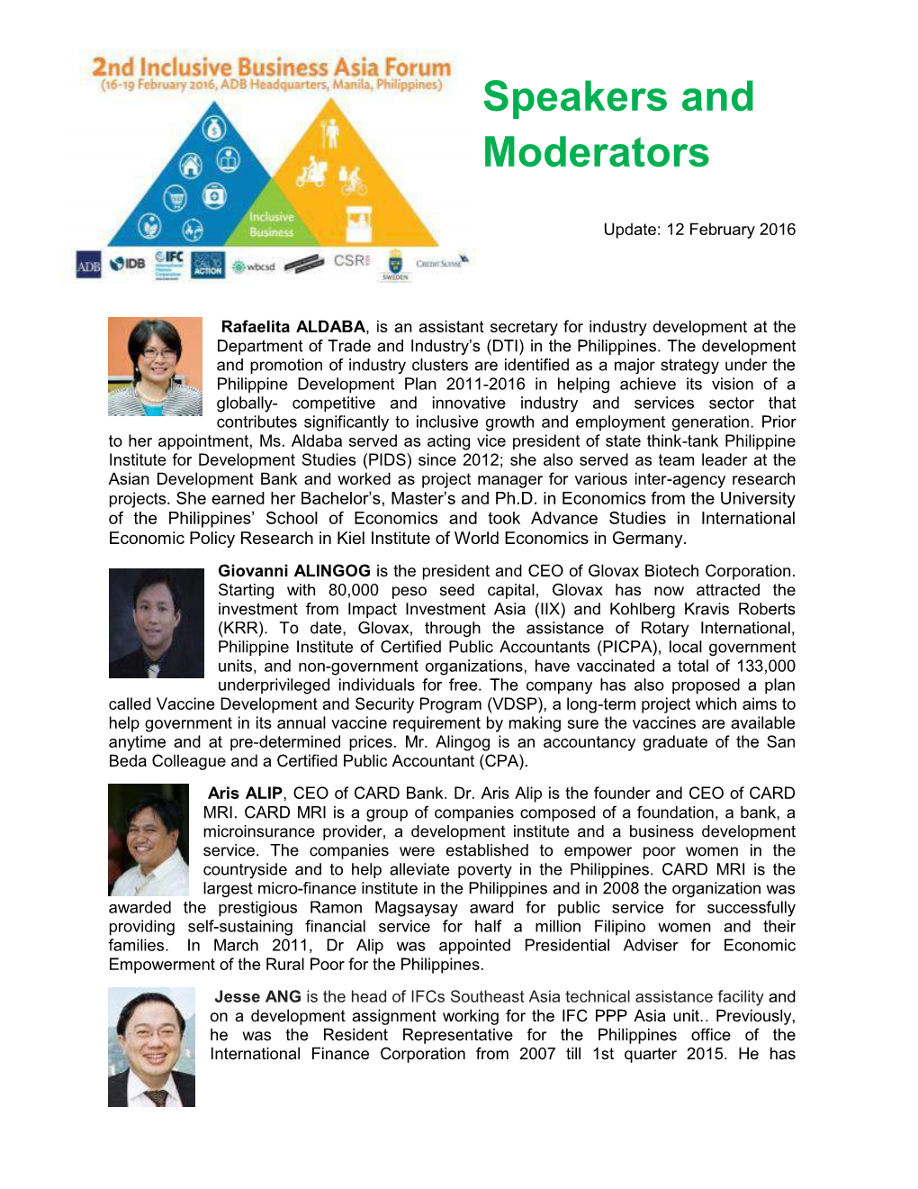2Nd Inclusive Business Asia Forum: Speakers and Moderators