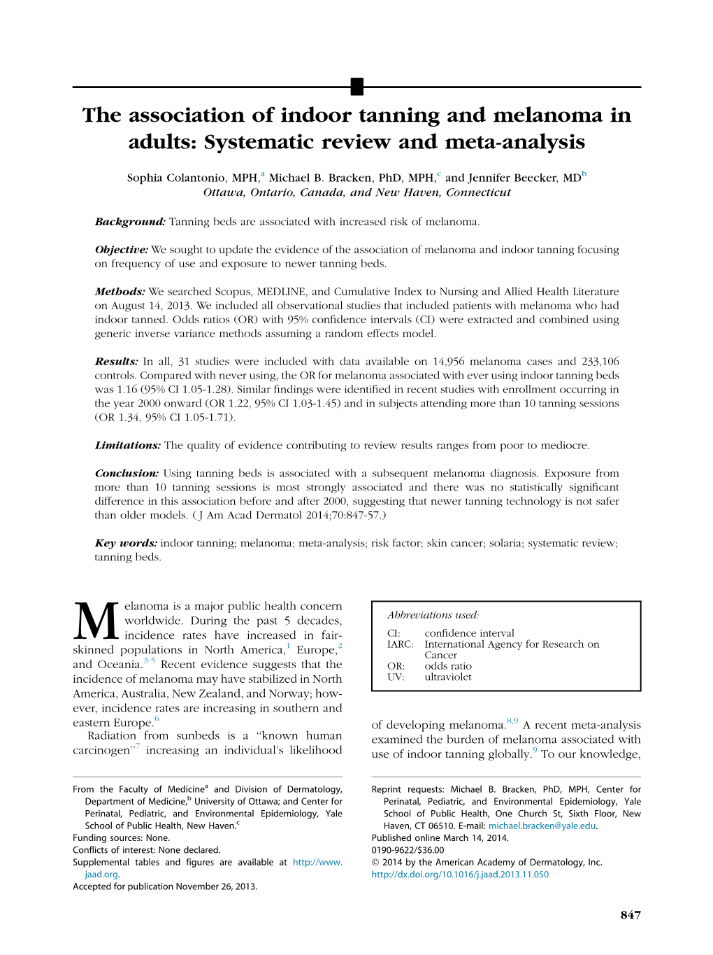 The Association of Indoor Tanning and Melanoma in Adults: Systematic Review and Meta-Analysis