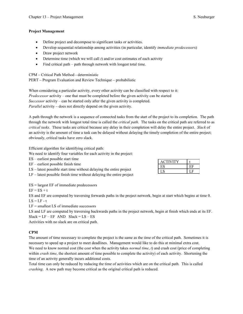 Chapter 13 Project Management S. Neuburger