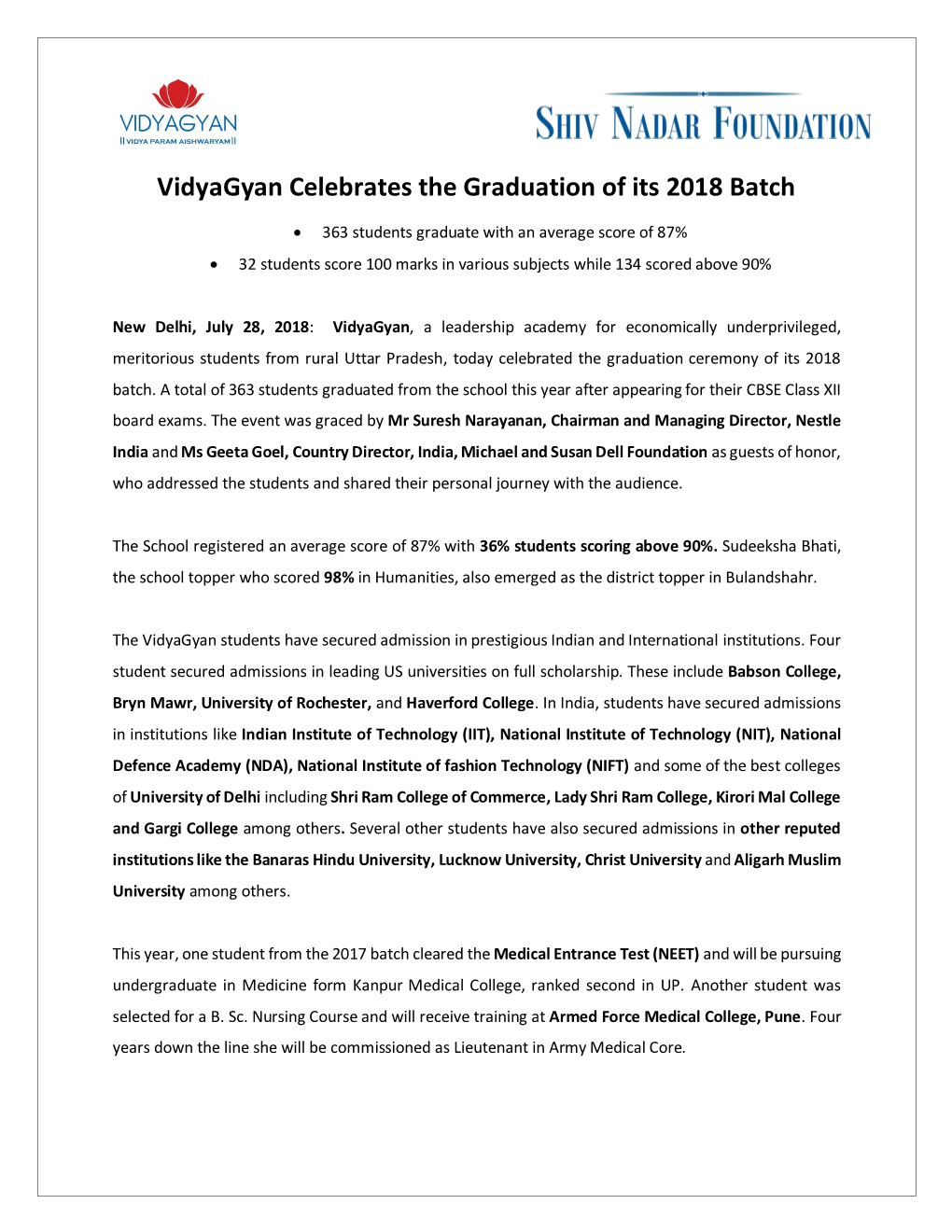 Vidyagyan Celebrates the Graduation of Its 2018 Batch