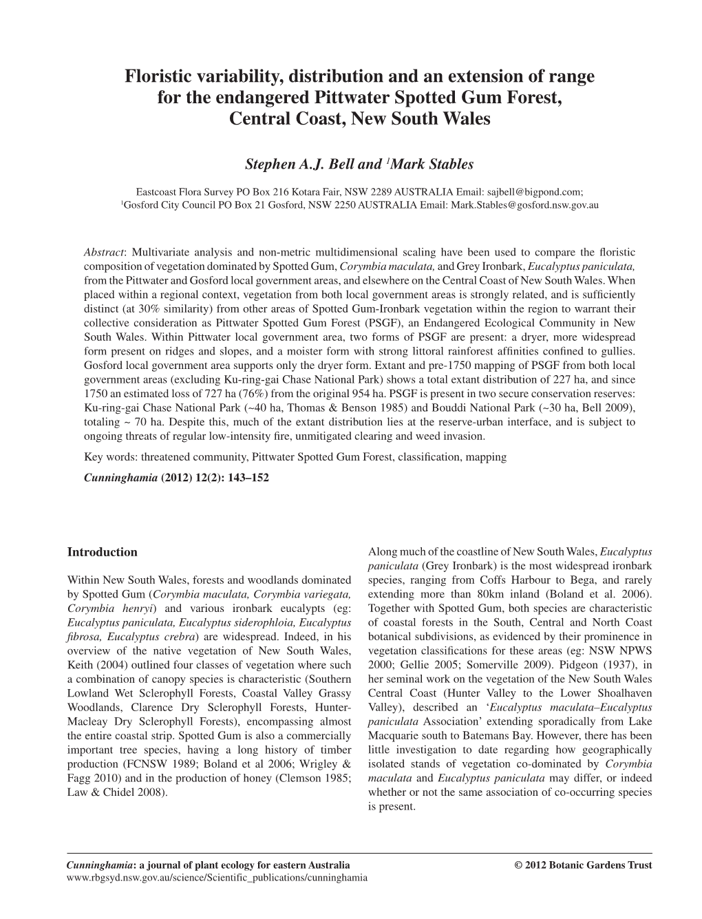 Floristic Variability, Distribution and an Extension of Range for the Endangered Pittwater Spotted Gum Forest, Central Coast, New South Wales