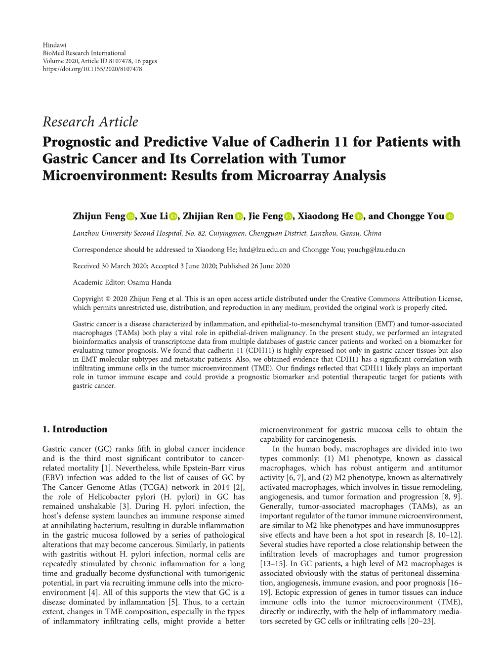 Research Article Prognostic and Predictive Value of Cadherin 11 for Patients with Gastric Cancer and Its Correlation with Tumor