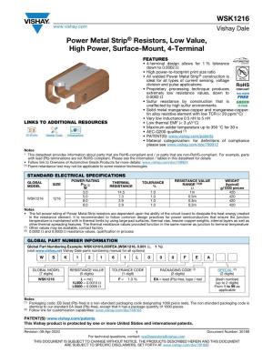 WSK1216 Power Metal Strip® Resistors, Low Value, High Power, Surface-Mount, 4-Terminal