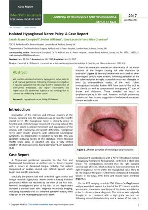 Isolated Hypoglossal Nerve Palsy: a Case Report Sarah-Jayne Campbell1, Helen Williams1, Lino Locurcio2 and Alex Creedon2