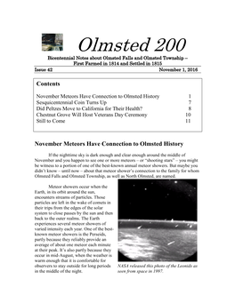 Olmsted 200 Bicentennial Notes About Olmsted Falls and Olmsted Township – First Farmed in 1814 and Settled in 1815 Issue 42 November 1, 2016