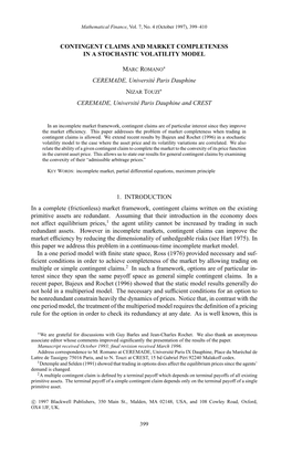 Contingent Claims and Market Completeness in a Stochastic Volatility Model