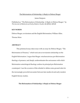 The Reformation of Scholarship: a Reply to Debora Shuger