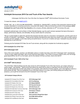 Autobytel Announces 2015 Car and Truck of the Year Awards