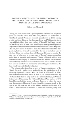 COLONIAL OBJECTS and the DISPLAY of POWER. the CURIOUS CASE of the CABINET of WILLIAM V and the DUTCH INDIA COMPANIES Edwin