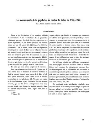 Les Recensements De La Population Du Canton Du Valais De 1798 À 1900. Par L