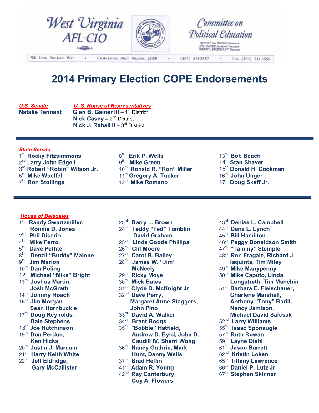 2014 Primary Election COPE Endorsements