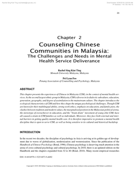 Counseling Chinese Communities in Malaysia: the Challenges and Needs in Mental Health Service Deliverance