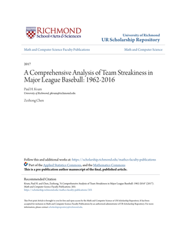 A Comprehensive Analysis of Team Streakiness in Major League Baseball: 1962-2016 Paul H