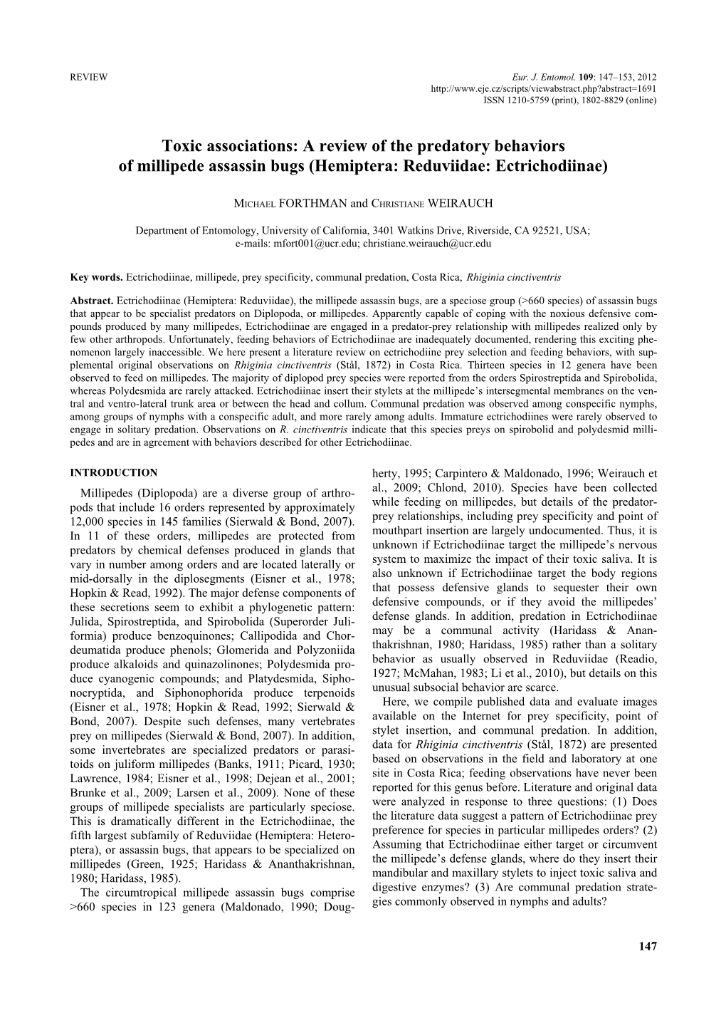 A Review of the Predatory Behaviors of Millipede Assassin Bugs (Hemiptera: Reduviidae: Ectrichodiinae)