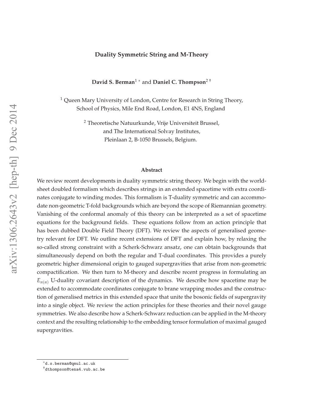 Arxiv:1306.2643V2 [Hep-Th] 9 Dec 2014 Otx N H Eutn Eainhpt H Medn Ten Supergravities