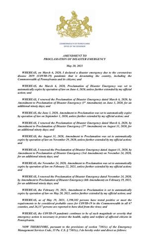 Amendment to Proclamation of Disaster Emergency