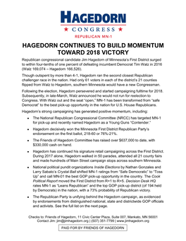 Hagedorn Continues to Build Momentum Toward 2018