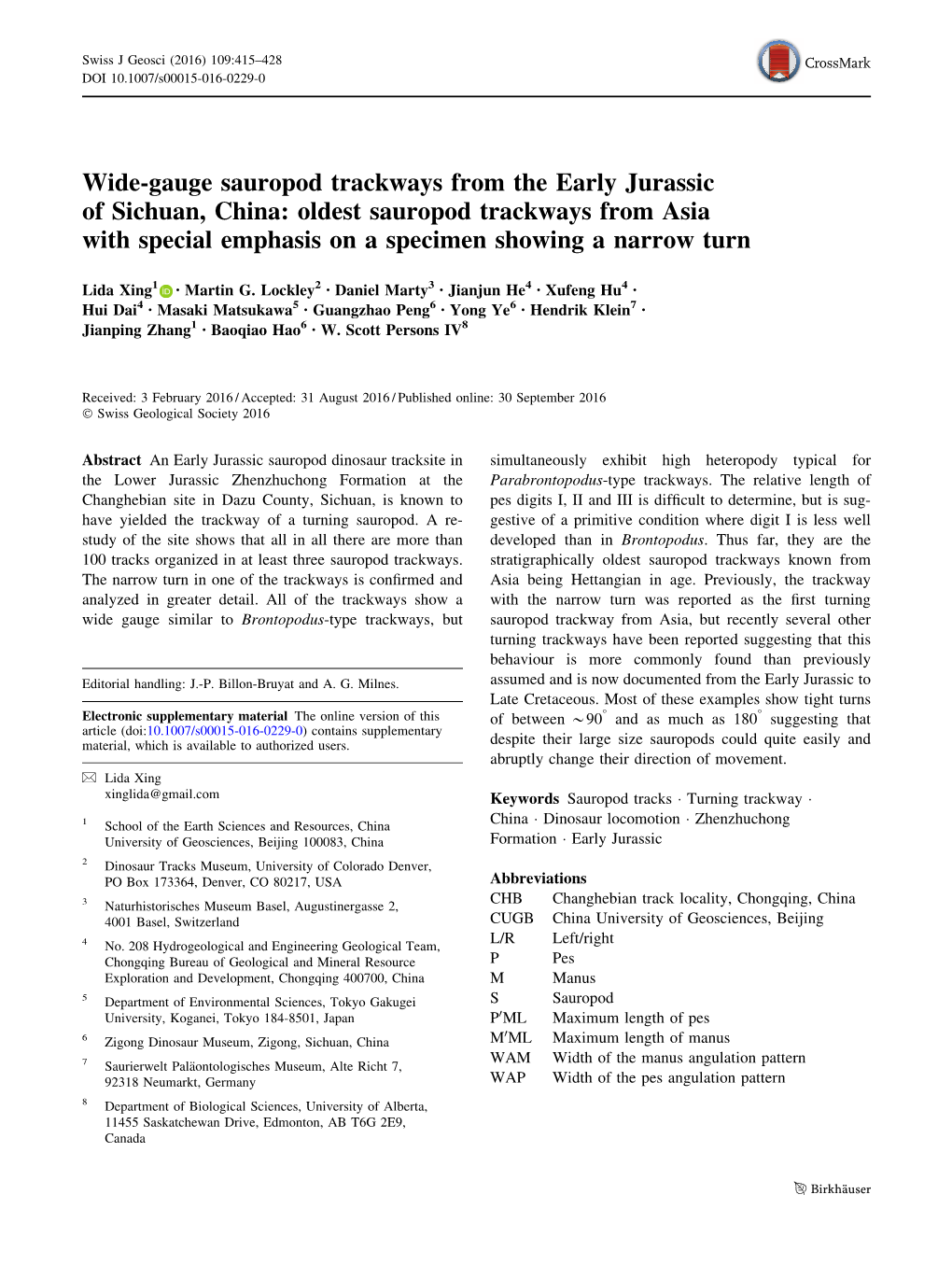 Wide-Gauge Sauropod Trackways from the Early Jurassic of Sichuan, China: Oldest Sauropod Trackways from Asia with Special Emphasis on a Specimen Showing a Narrow Turn