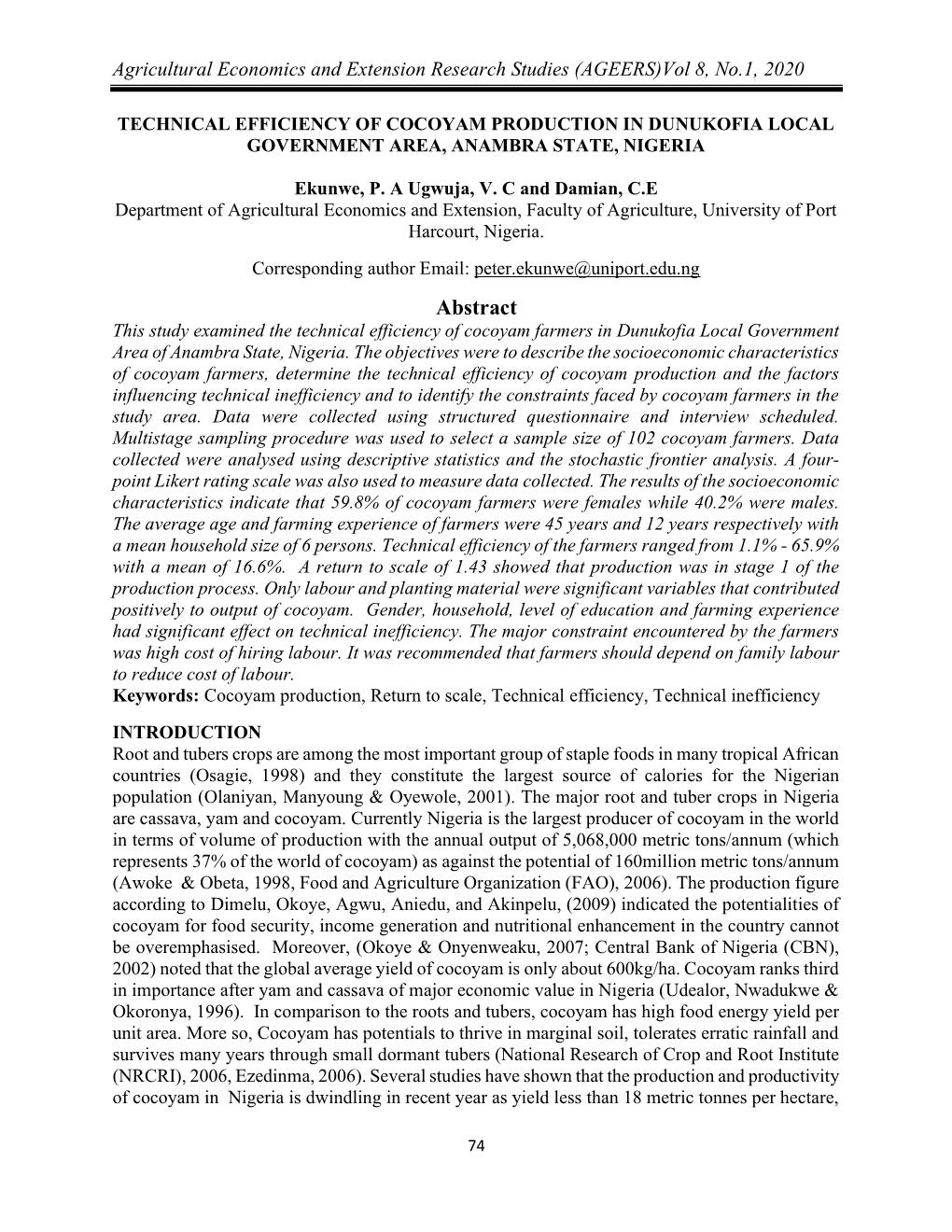 Technical Efficiency of Cocoyam Production in Dunukofia Local Government Area, Anambra State, Nigeria