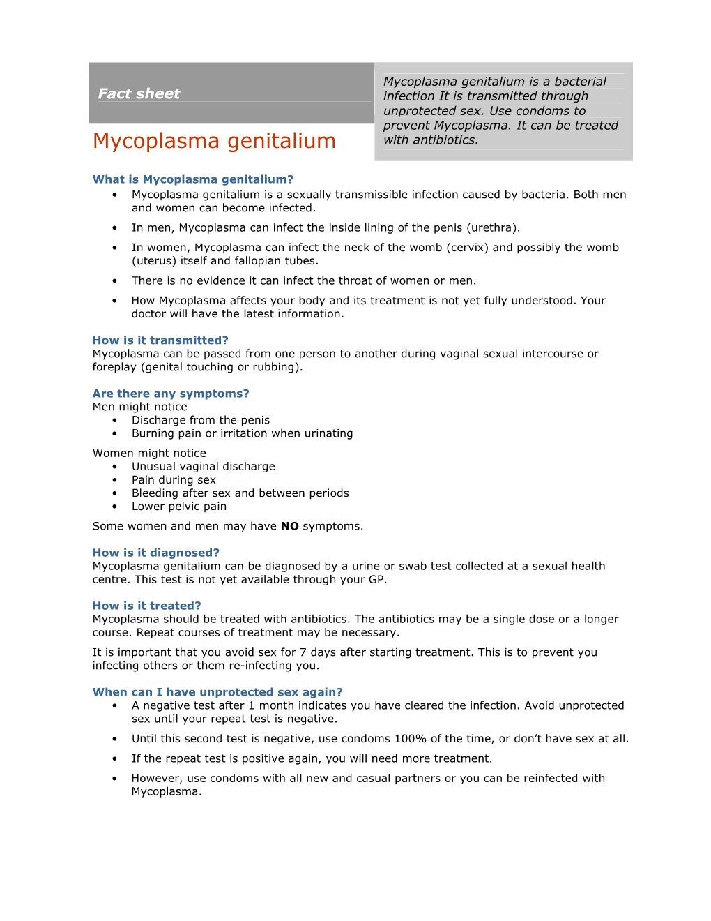 Mycoplasma Genitalium Is a Bacterial Fact Sheet Infection It Is Transmitted Through Unprotected Sex