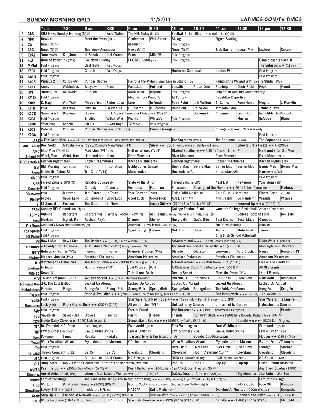 Sunday Morning Grid 11/27/11 Latimes.Com/Tv Times