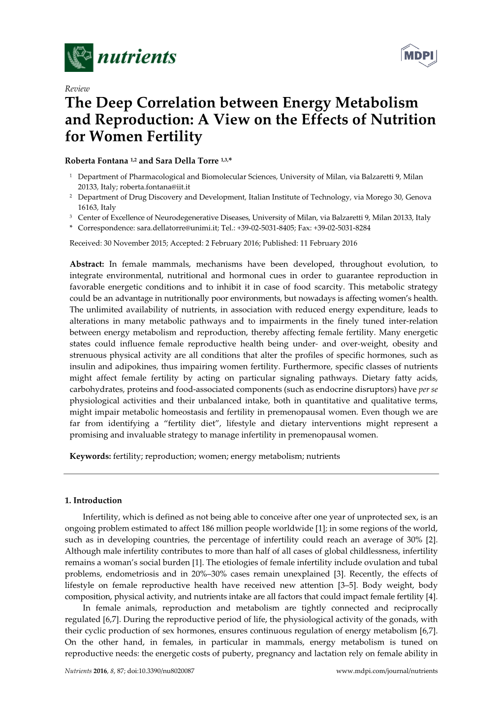 The Deep Correlation Between Energy Metabolism and Reproduction: a View on the Effects of Nutrition for Women Fertility