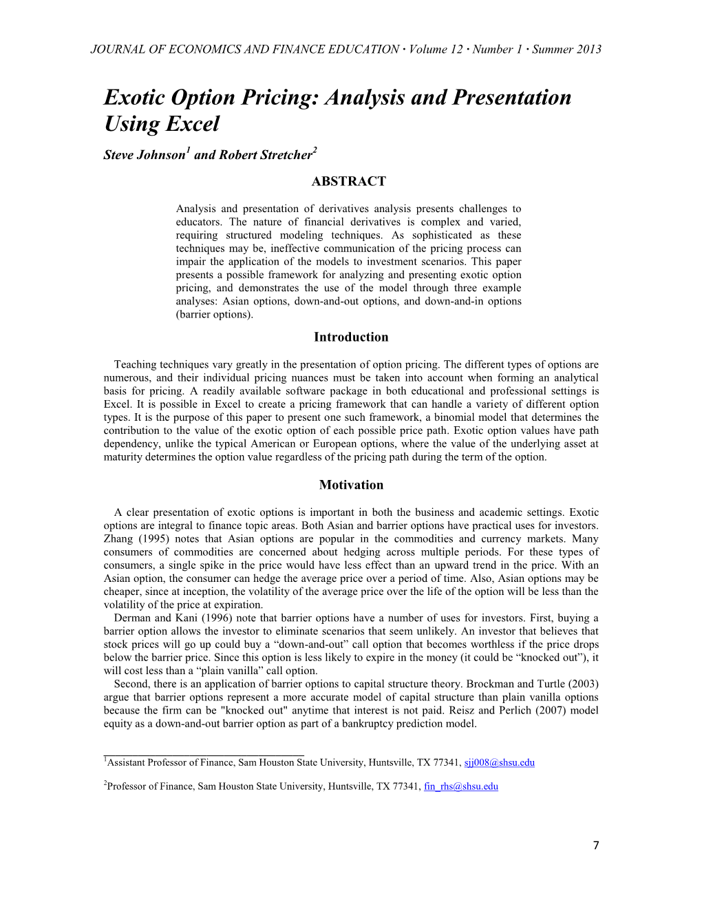 Exotic Option Pricing: Analysis and Presentation Using Excel