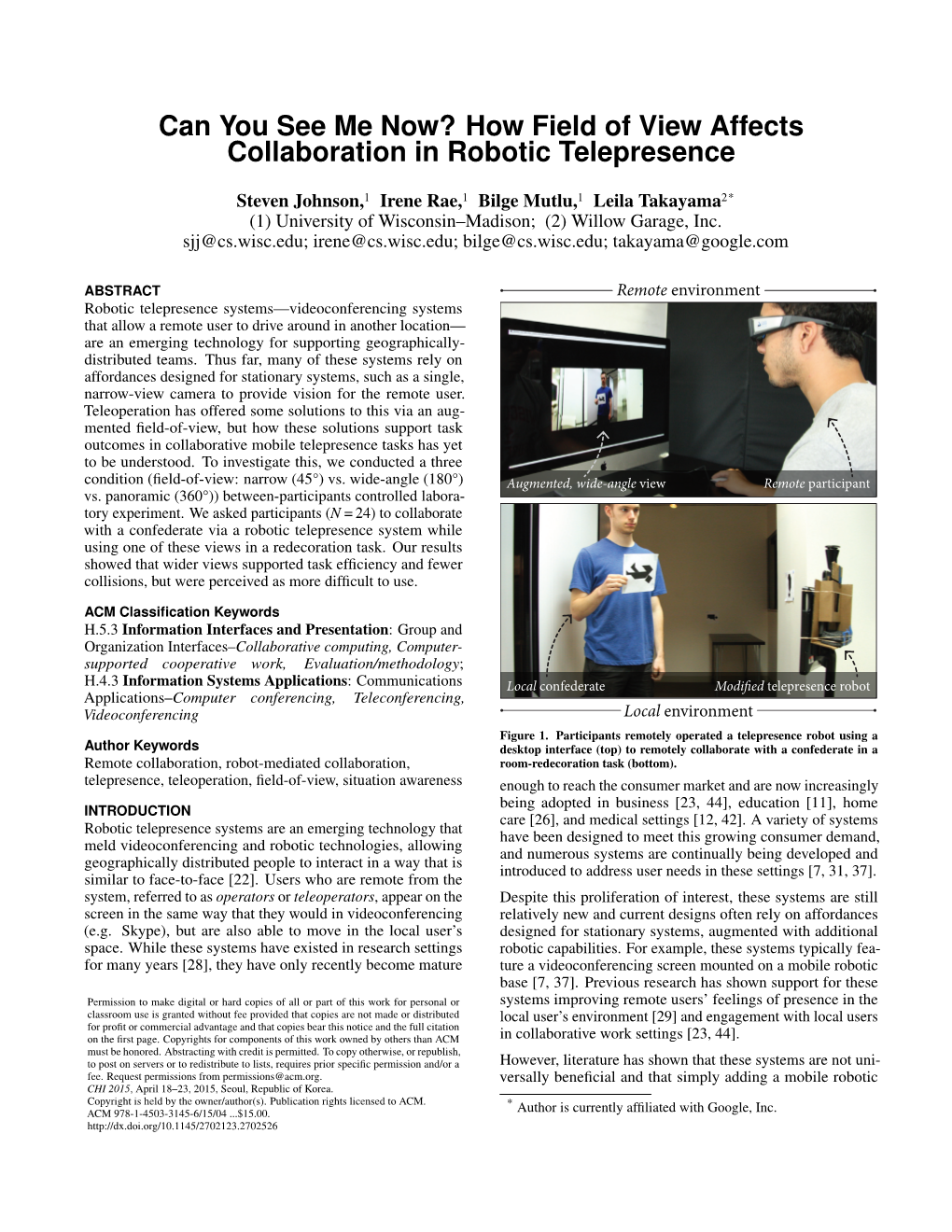 Can You See Me Now? How Field of View Affects Collaboration in Robotic Telepresence