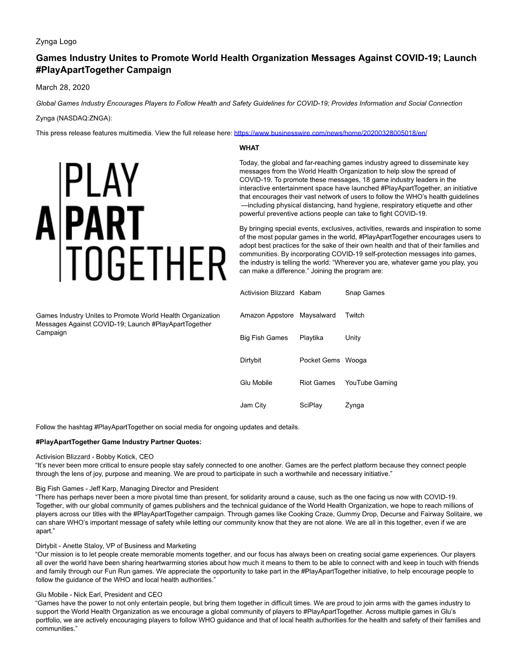 Games Industry Unites to Promote World Health Organization Messages Against COVID-19; Launch #Playaparttogether Campaign