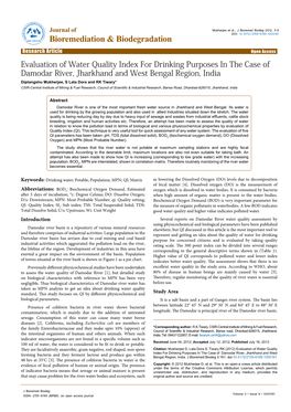 Evaluation of Water Quality Index for Drinking Purposes in the Case of Damodar River, Jharkhand and West Bengal Region, India
