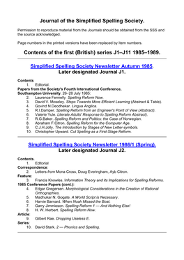 Simplified Spelling Society Journal Contents