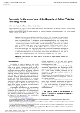 Prospects for the Use of Coal of the Republic of Sakha (Yakutia) for Energy Needs