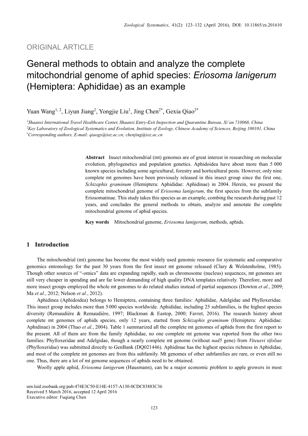 General Methods to Obtain and Analyze the Complete Mitochondrial Genome of Aphid Species: Eriosoma Lanigerum (Hemiptera: Aphididae) As an Example