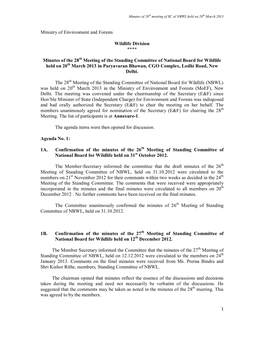 Ministry of Environment and Forests Wildlife Division **** Minutes of the 28Th Meeting of the Standing Committee of National