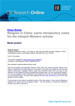 Religion in China: Some Introductory Notes for the Intrepid Western Scholar