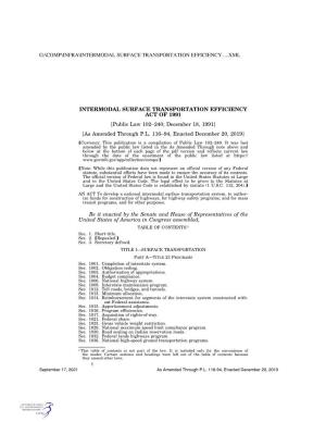 INTERMODAL SURFACE TRANSPORTATION EFFICIENCY ACT of 1991 [Public Law 102–240; December 18, 1991] [As Amended Through P.L