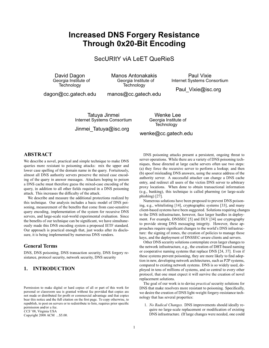 Increased DNS Forgery Resistance Through 0X20-Bit Encoding