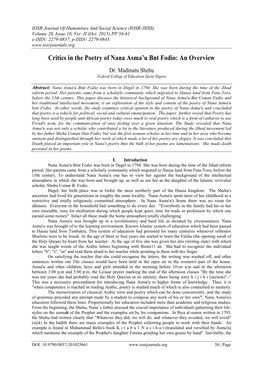 Critics in the Poetry of Nana Asma'u Bnt Fodio: an Overview