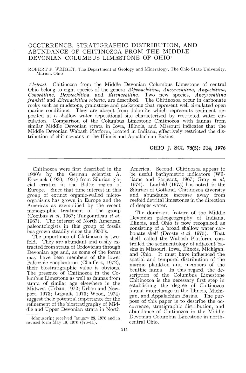 Occurrence, Stratigraphic Distribution, and Abundance of Chitinozoa from the Middle Devonian Columbus Limestone of Ohio1