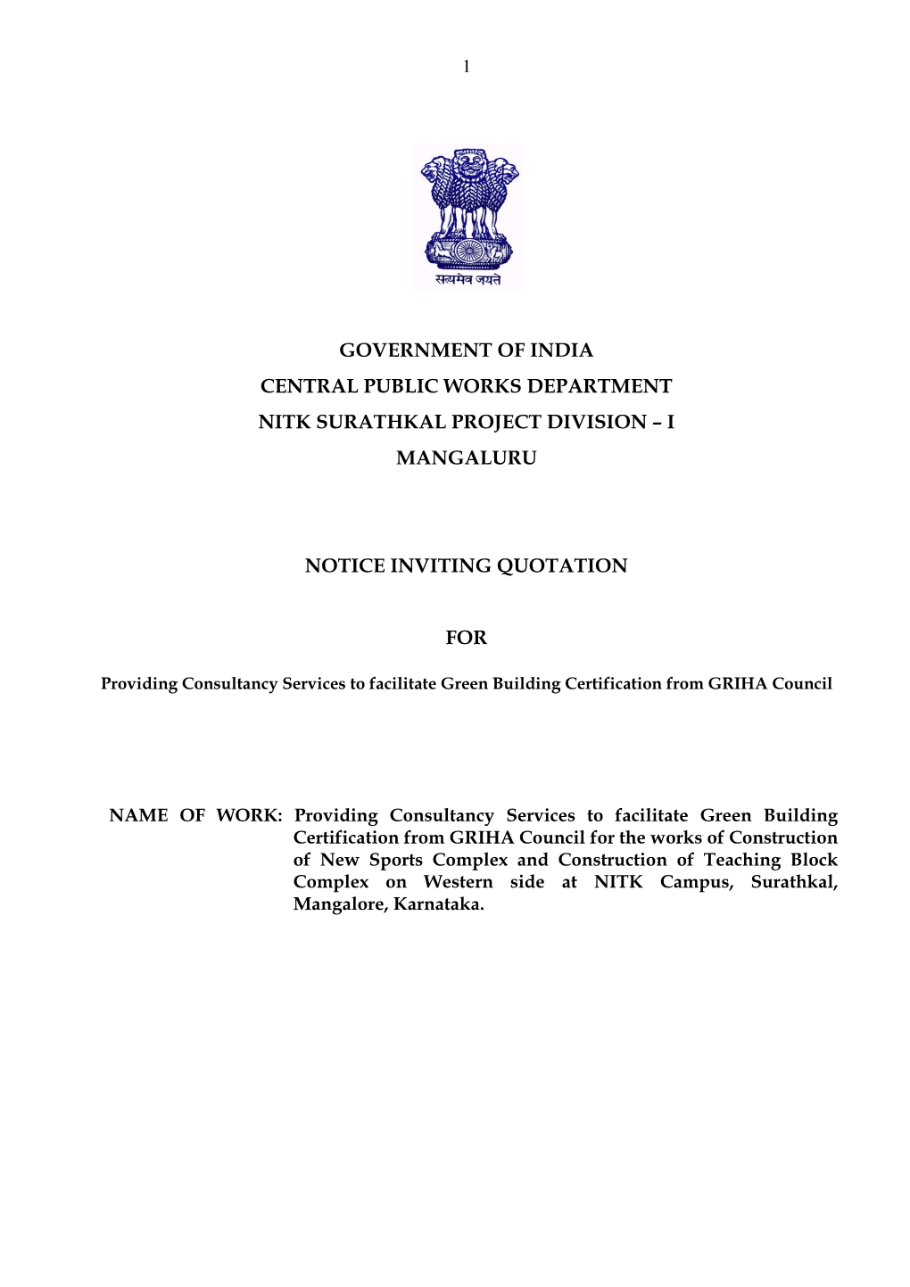 Government of India Central Public Works Department Nitk Surathkal Project Division – I Mangaluru Notice Inviting Quotation Fo