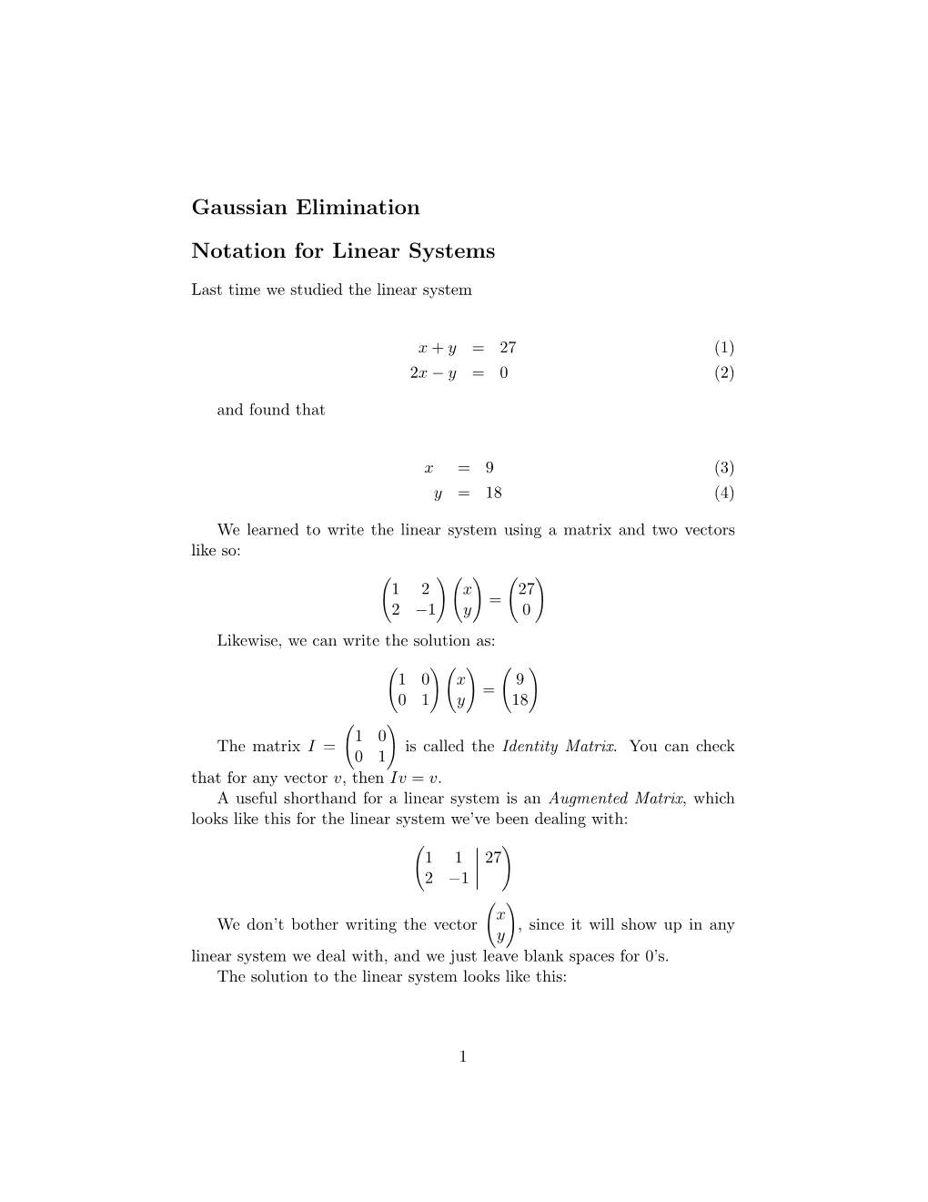 Gaussian Elimination Notation for Linear Systems