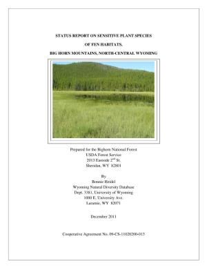 Status Report on Sensitive Plant Species of Fen Habitats, Big Horn Mountains, North-Central Wyoming
